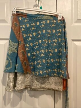 Boho Multi-Print Wrap Skirt in Teal & Brown
